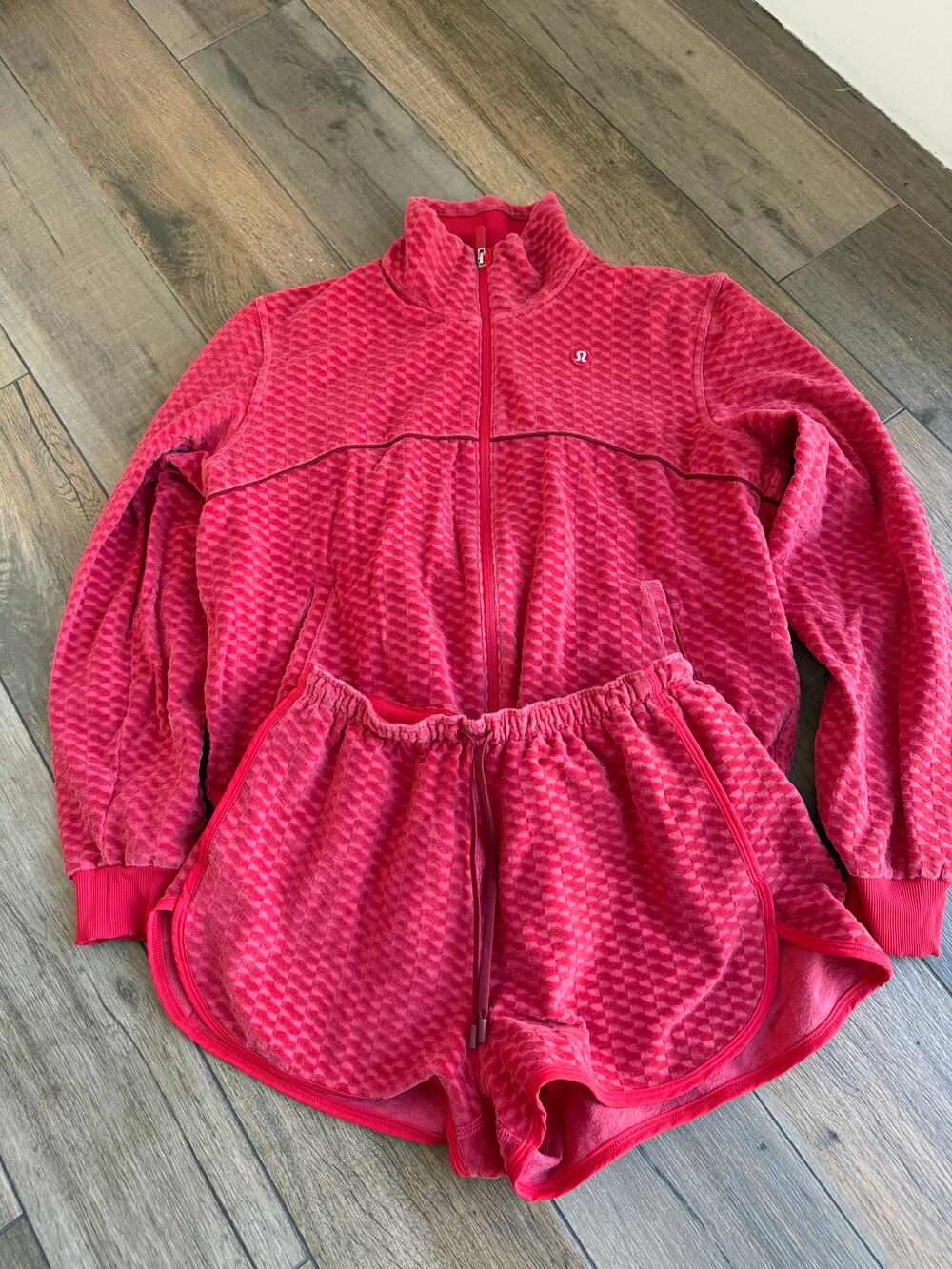 lululemon red velvet terry set, shorts and jacket size small